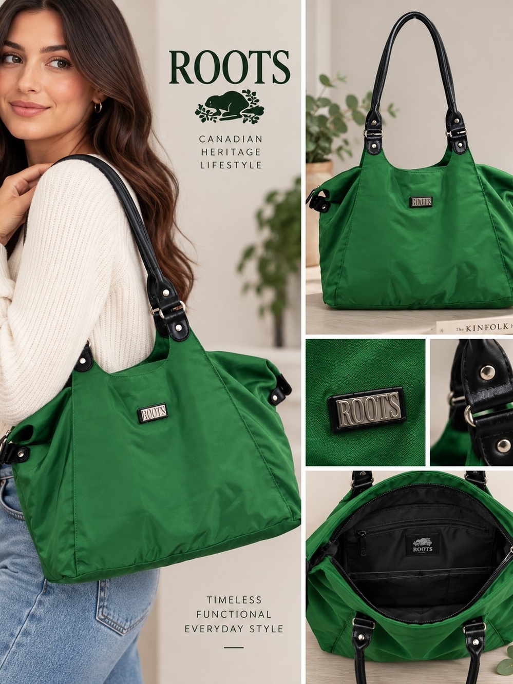 ROOTS Green Nylon Shoulder Bag with Black Handles